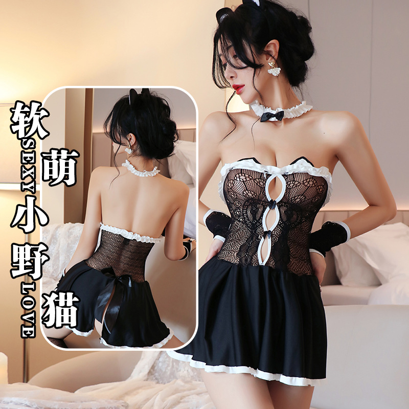 Long night sexy lingerie maid suit sexy seductive pajamas uniform seductive Catwoman passion suit female 2303