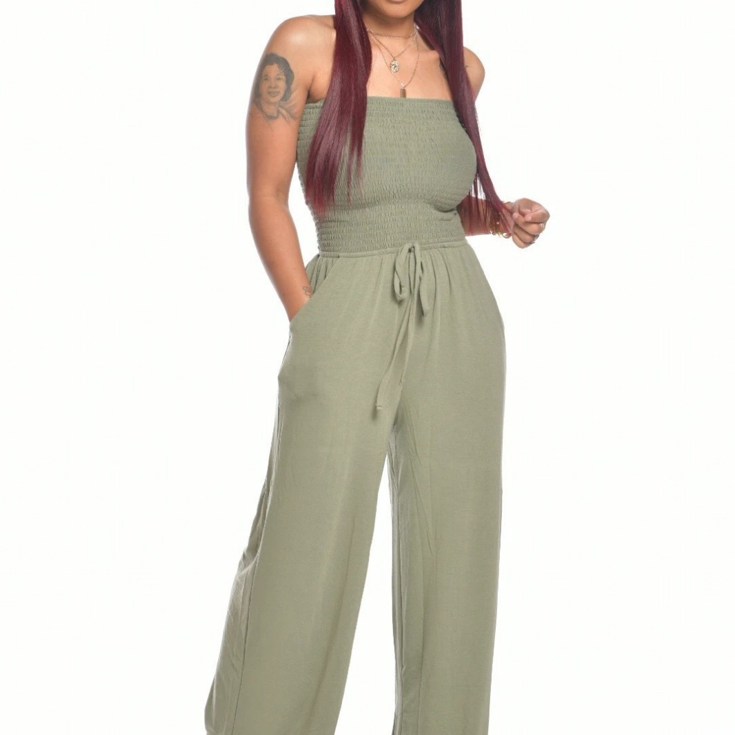 Picture of 2025 Amazon Aliexpress Cross-Border European and American Clothing Casual Flat Shoulder Wrapped Chest Wide Leg Jumpsuit Jumpsuit Women's Clothing