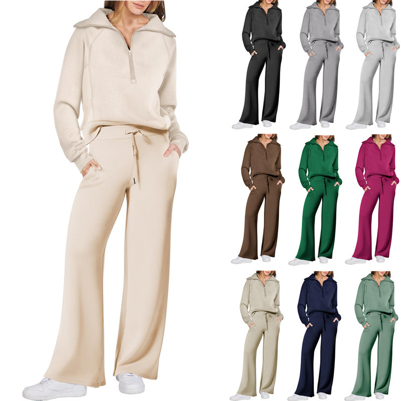 European and American Foreign Trade Amazon Autumn and Winter Casual Sports Suit Zipper Long-Sleeved Sweatshirt Wide-Leg Pants Two-Piece Set