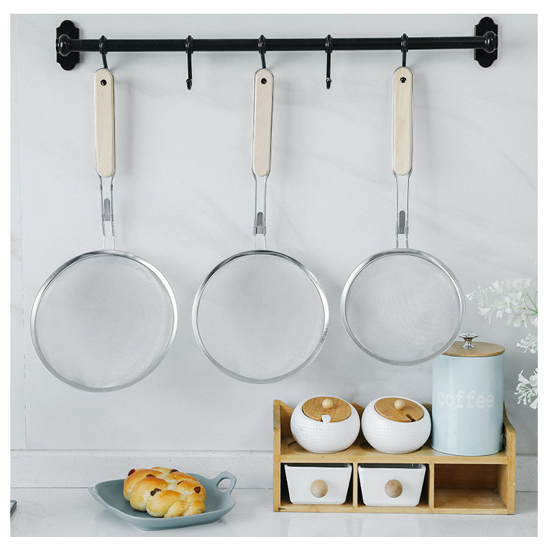 Picture of 201 stainless steel colander wooden handle punching oil grid 40 mesh flour sieve baking tools Kitchen Dumpling fishing filter