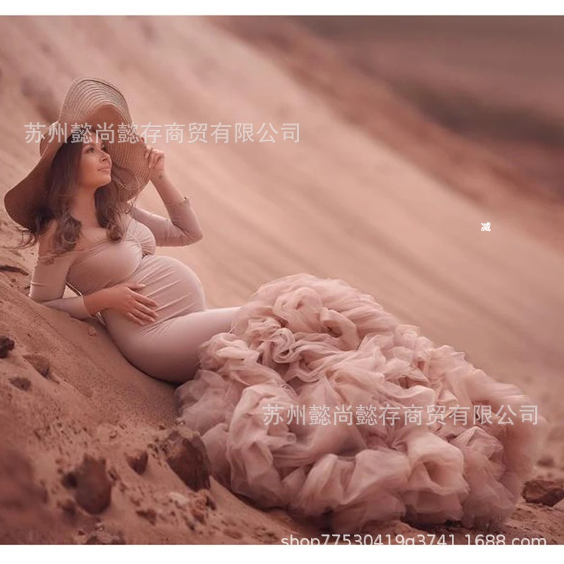 European and American Large Size High Waist Pregnant Women's Dress Bathrobe Mesh Stereo Trailing Sexy Tube Top Long Sleeve Photo Studio Shooting Morning Gown