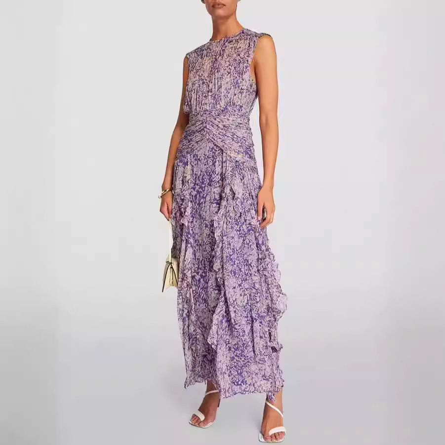 European and American Cross-border New Spring and Summer Shoulder European and American Women's V-neck Chiffon Printed Fairy Style Long Elegant Evening Dress