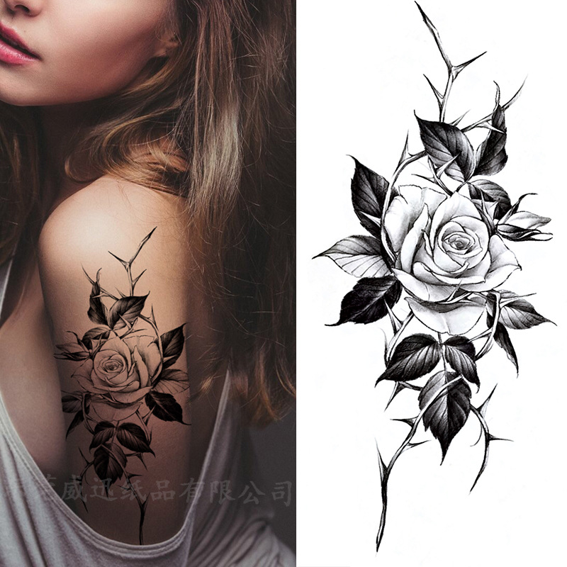 Picture of Cross-Border Supply of Sketch Flower Tattoo Stickers, Sketch Tattoo Stickers, Rose Flower Black and White Flower Tattoo