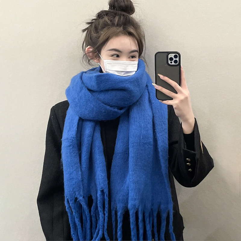 Women's mohair scarf winter Klein blue tassel large shawl soft waxy thick warm scarf solid color scarf men