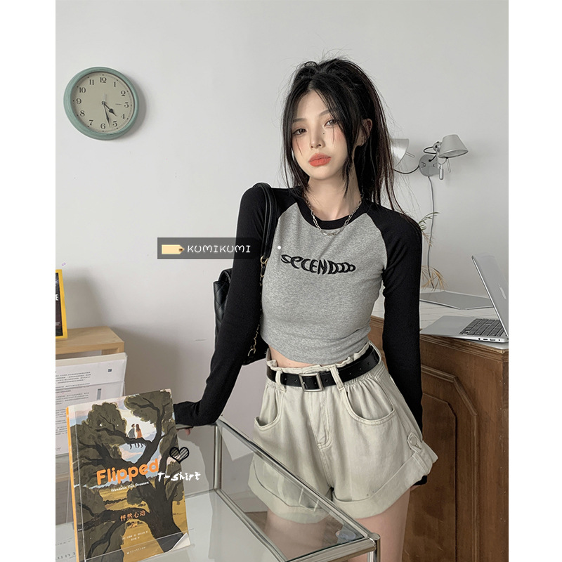 American Retro Color Matching Short Long-sleeved T-shirt Niche All-match Slim-fit Slimming Base Shirt Autumn Hot Girl Top for Women