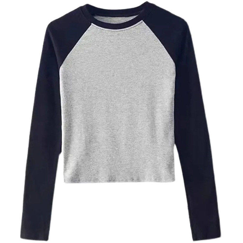 Pit Strip Crewneck Long-sleeved T-shirt Women's Short 2024 Spring High Waist Slim-fit Slimming T-shirt Top Trendy Women's Wear