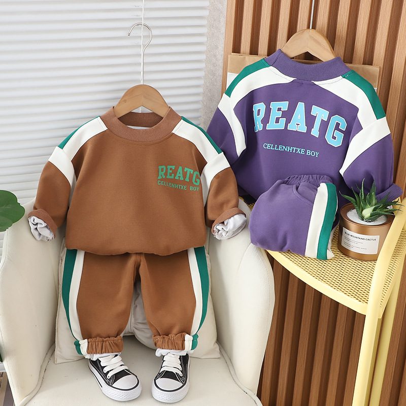 Picture of Children's clothing new boys and girls children's clothing casual stitching letter sweater suit fashion casual two pieces suit generation hair