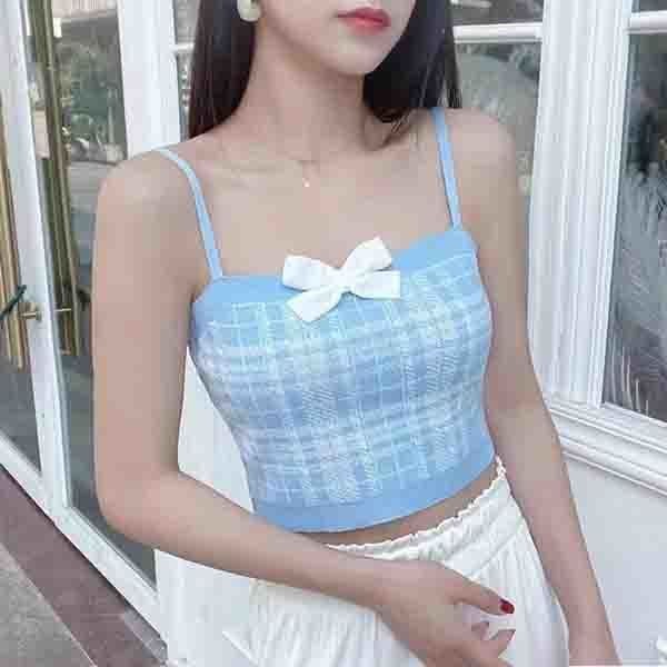 Picture of Princess Bow Plaid Small Camisole Women's 2023 Summer New Sweet Pure Desire Bottoming Top