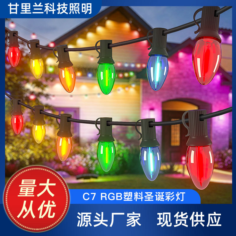 Cross-Border Popular C7 Plastic Rgb Light String Outdoor Rainproof, Windproof and Dropproof Led Christmas Tree Decoration Pointed Bulb Light String