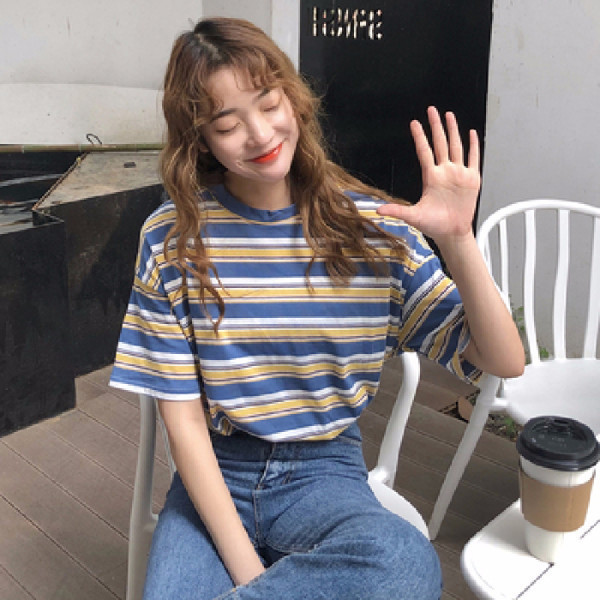 Striped short sleeve women's T-shirt 2021 New ins trendy European goods half sleeve loose slimming Korean style T-shirt summer