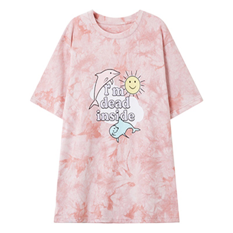 Cartoon Printed Summer Clothes Korean Style New Mid-Length Short-Sleeved T-Shirt for Women Loose Student Round Neck Casual Women's Clothing Wholesale