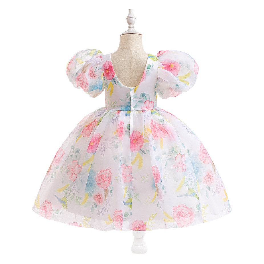 2024 European and American New Girls' Dresses for Small and Medium-Sized Kidsren with Puff Sleeves, Kidsren's Floral Mesh Tutu Skirts, Ready-Made Princess Skirts