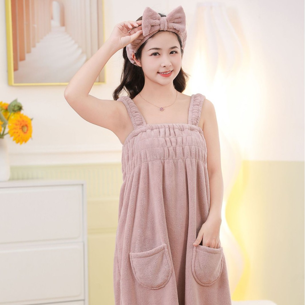 Picture of Coral Velvet Bath Skirt for Women, Absorbent, Soft, Wearable Bath Towel, Bath Sling, Enlarged Vest, Adult Student Home Thickeneding