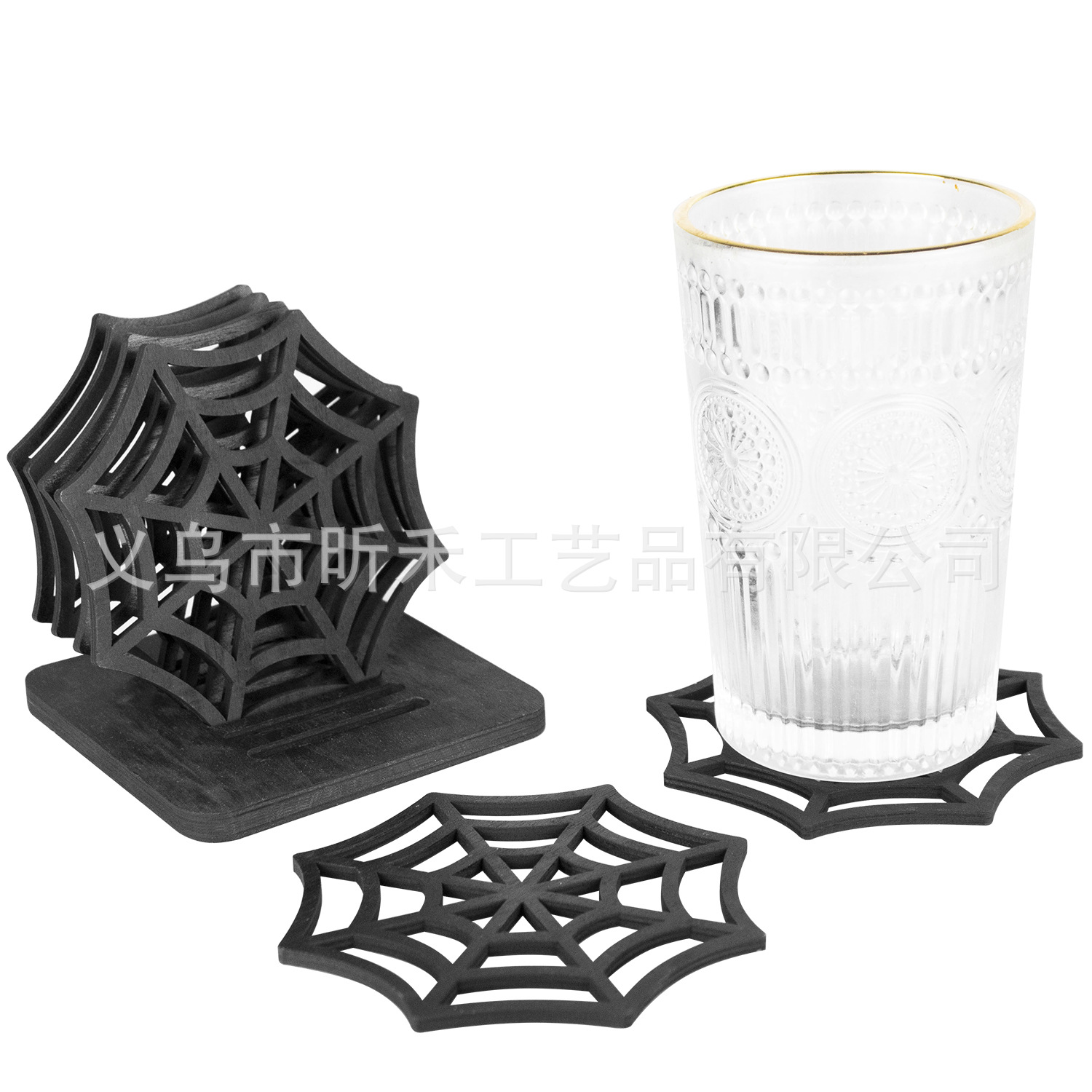 Halloween wooden spider web coaster creative hollow desktop decoration holiday party table decoration