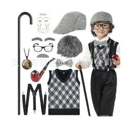 Picture of COS Old Man Dress Up Halloween Children Grandpa Vest Wig Beard Granny Children Show Wig