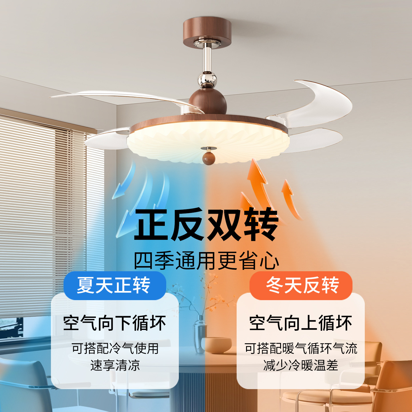 Picture of French Medieval Walnut Color Fan Lamp Restaurant Bedroom Silent Fashion Retro Eye Protection Creative Ceiling Fan Lamp 412L