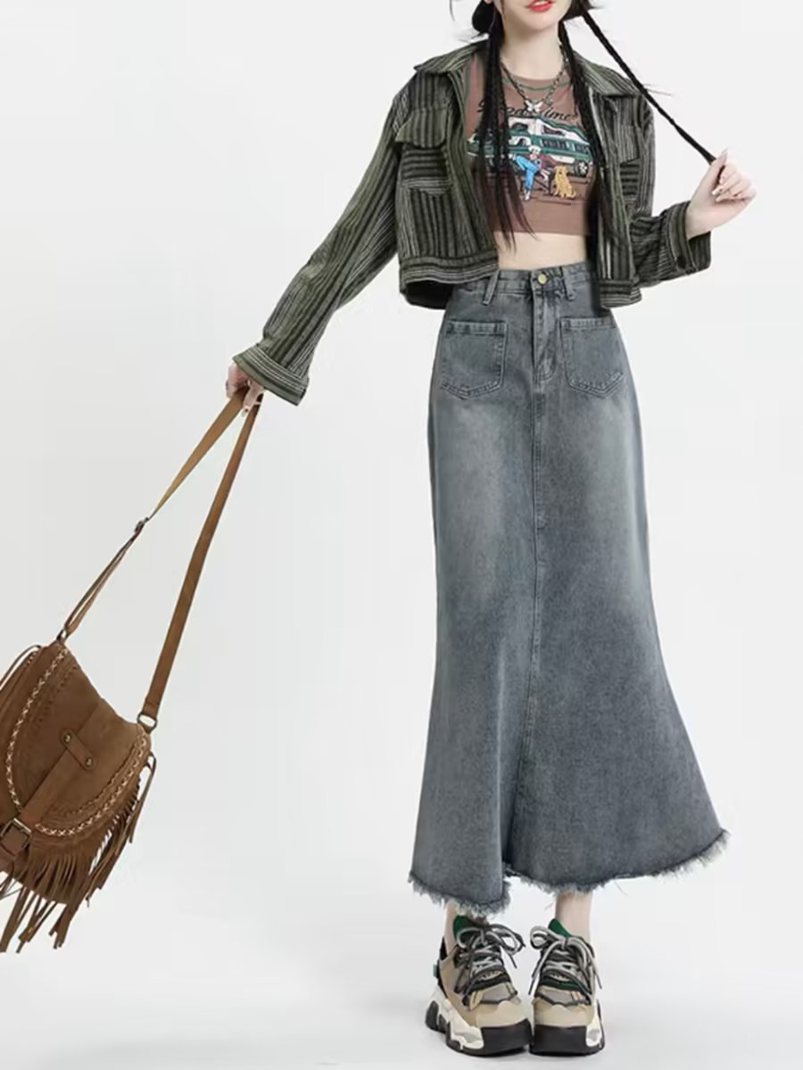 Retro Denim Skirt for Women 2024 Autum Raw Edge Design High Waist Covering Belly and Slimming Look Mid-Length A-Line Fishtail Skirt