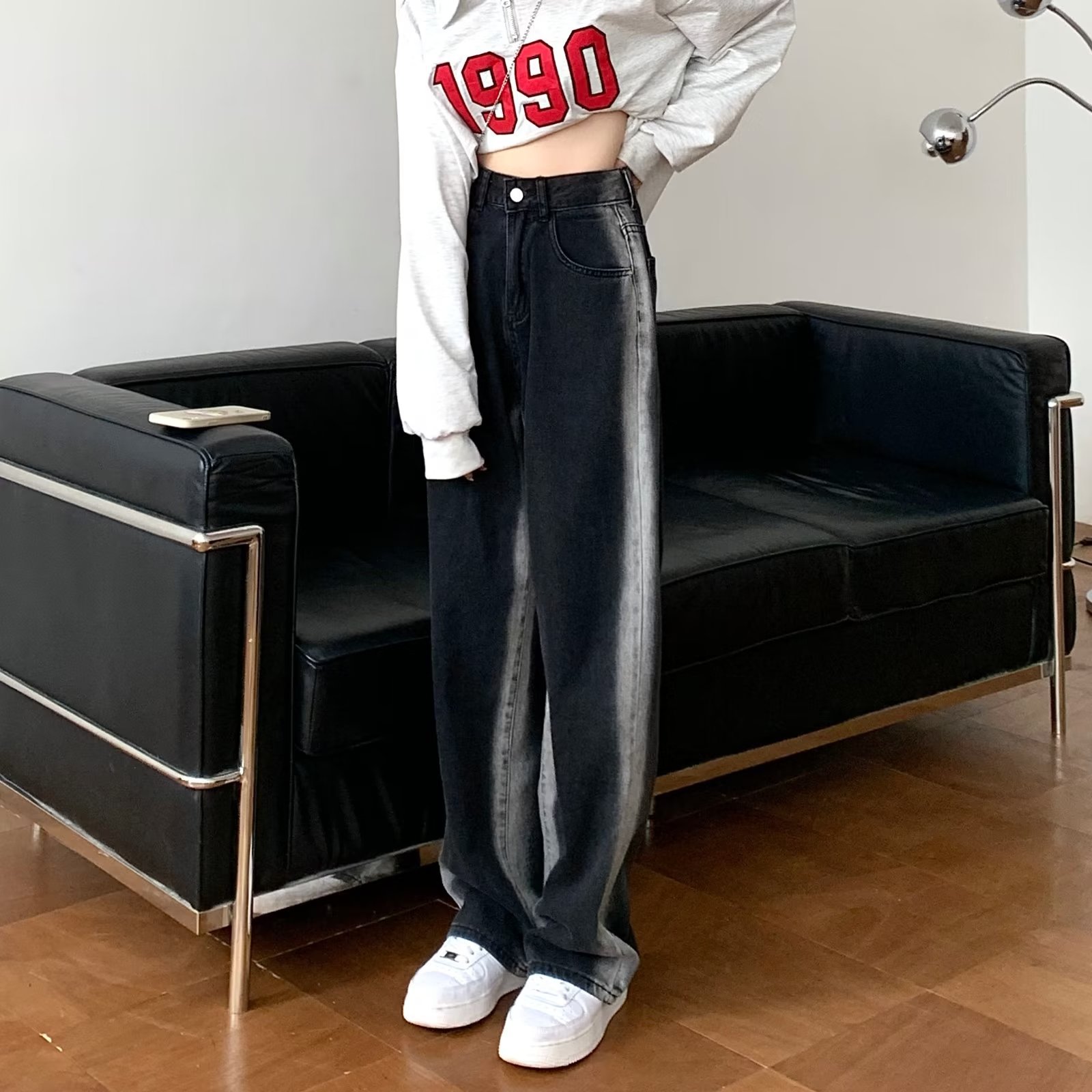 Black Grey Wide Leg Jeans Women's Autumn Design Sense Slimming Hong Kong Style High Waist Gradient Loose Vertical Sense Straight Leg Pants