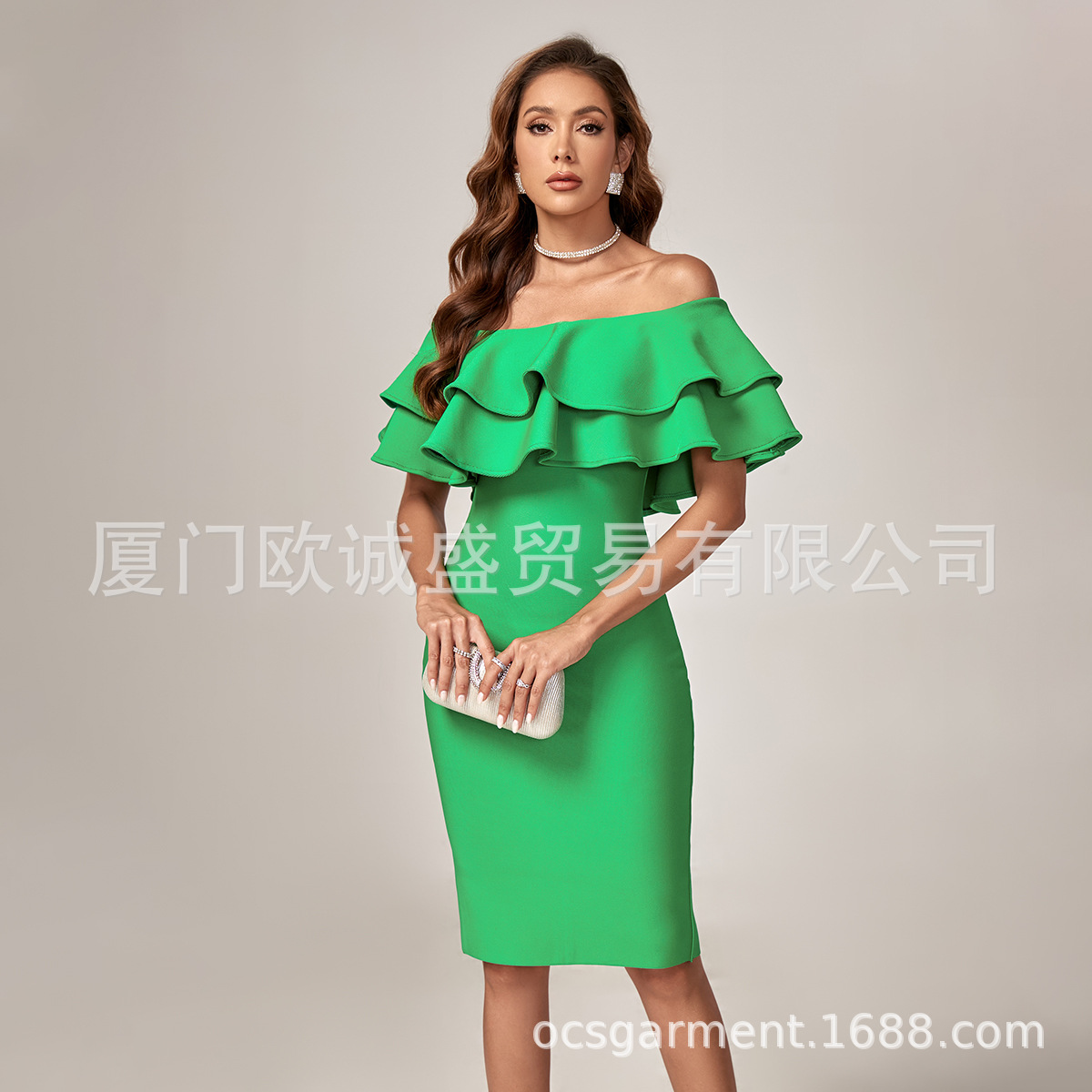 2023 summer new European and American solid color off-shoulder double ruffled slim hip temperament bandage dress