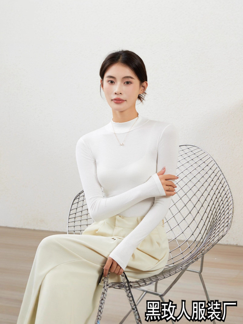 Derong Half Turtleneck Bottoming Shirt for Women, Spring, Autumn and Winter Thin Long-Sleeved T-Shirt Pure Color Simple Top Slim Fit