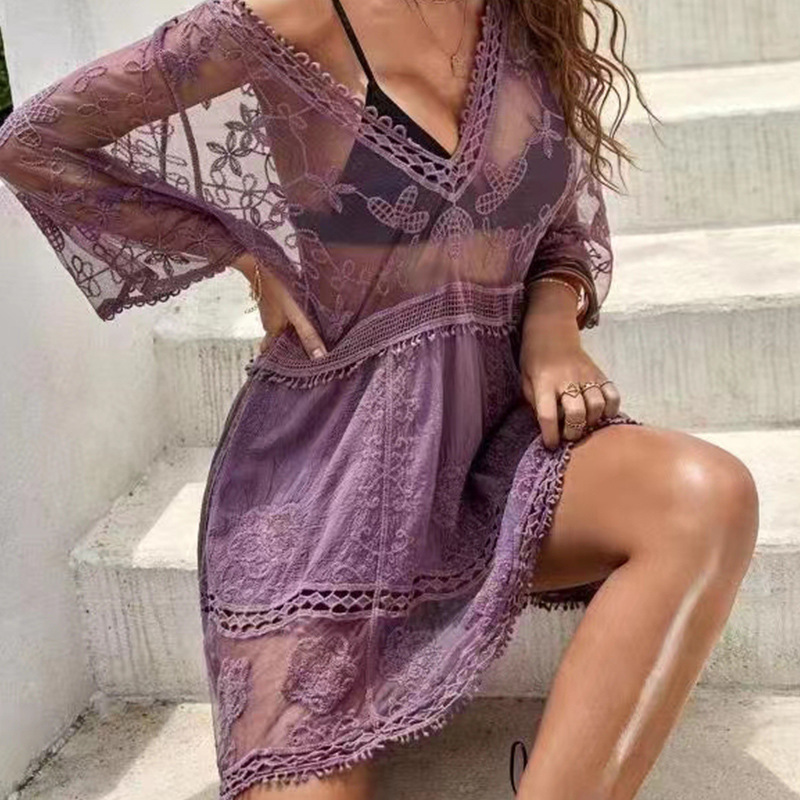 Picture of European and American Cross-border Special for New V-neck Lace Embroidered Sunscreen Sexy Bikini Swimsuit Beach Blouse Women