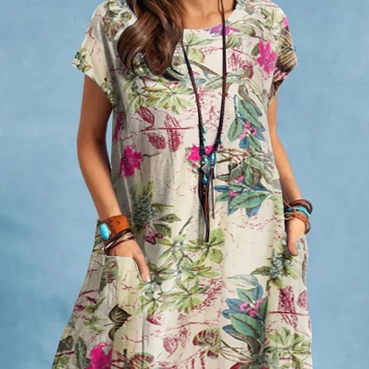 in stock cross-border foreign trade women's new fashion cotton and linen plant printed round neck pocket short sleeve casual dress