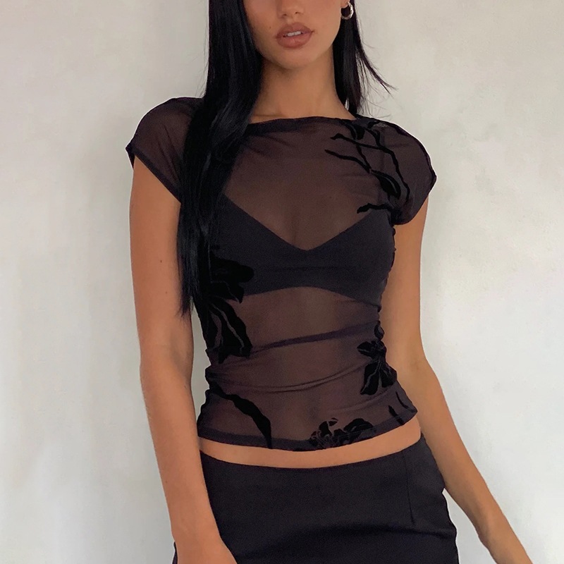 Yj25159 European and American Cross-Border Summer New Pure Color Mesh Lily Flocking See-Through Sexy Retro Top for Women