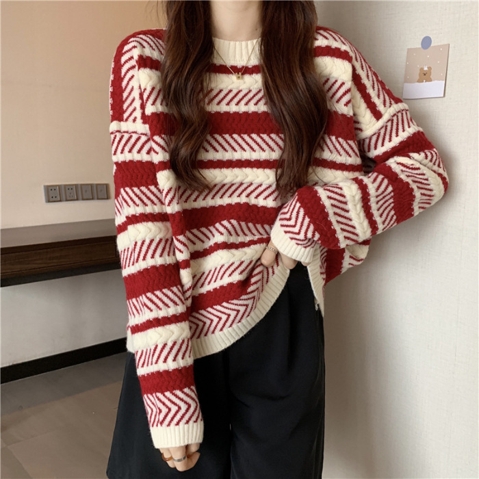 Picture of Autumn and Winter New Niche Retro Japanese Style Lazy Loose Base Top Women's Thickened Red Striped Sweater Women's Clothing