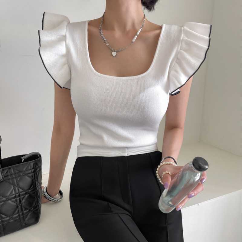 Summer Design Sense Front Collar Back Contrast Color Flying Sleeve Ear Sleeveless Back Strap Knitted Top Women