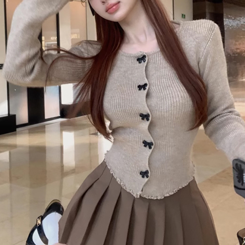 Auricularly Bow Sweater Knitted Cardigan Autumn and Winter New Slim-fit Slimming Short Base-coat Trendy Top