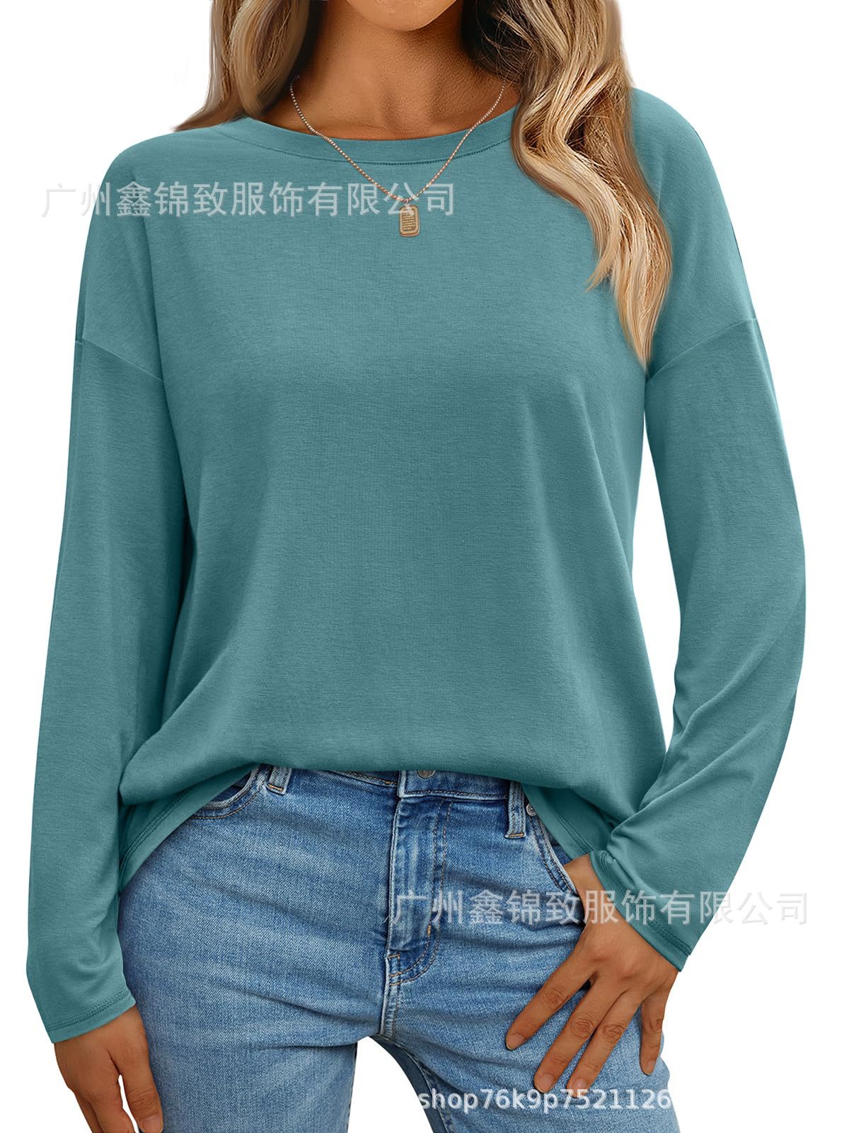 Amazon Foreign Trade Women's Long Sleeve Shirt Loose Round Neck Basic Top Casual Autumn Clothing 2024