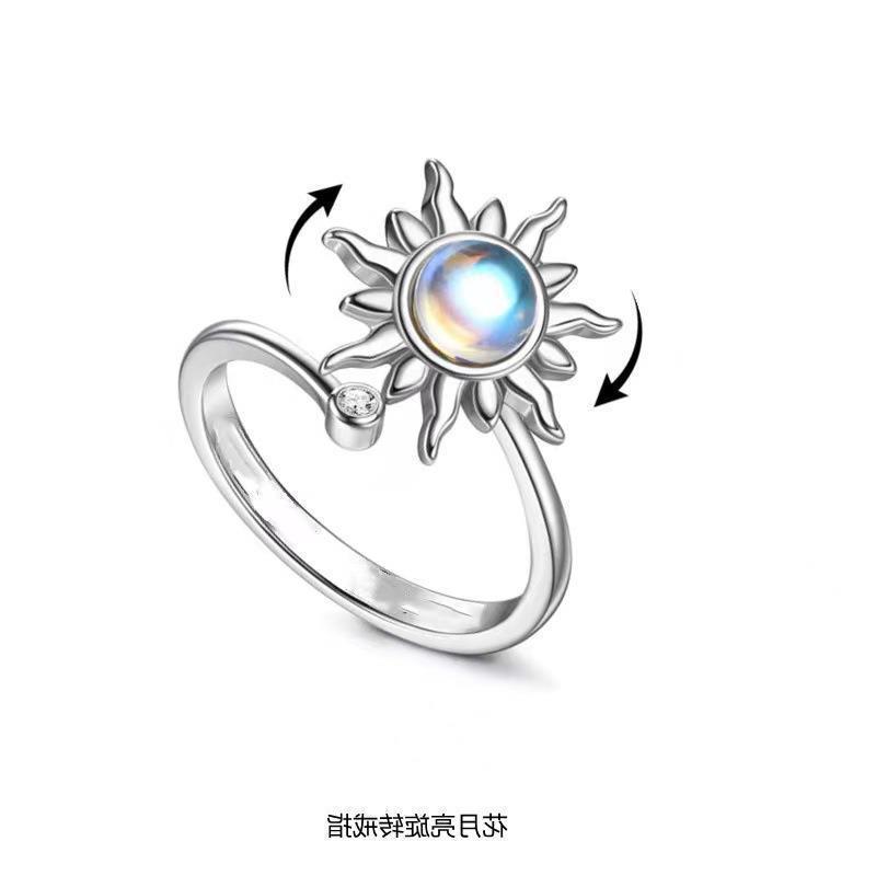 Rotatable sunflower moonstone ring Women's simple versatile creative adjustable ring fashion jewelry wholesale