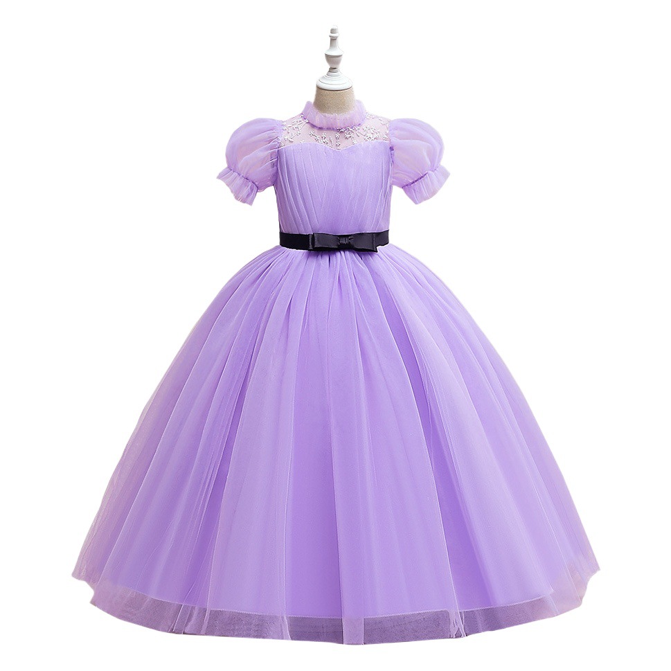 Wholesale Girls Dress Short-Sleeved Purple Flower Girl Princess Dress Little Girl Host Piano Performance Dress Performance Clothing