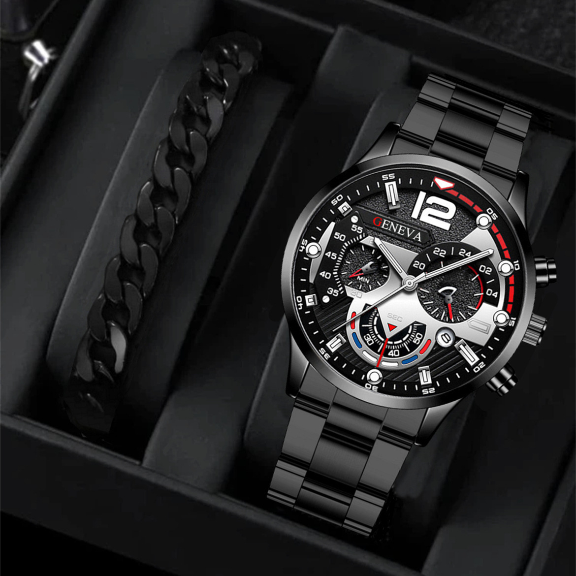 Fashionable Business Geneva Calendar Watch Wholesale Personalized Men's Steel Band Watch Business Cross-Border Popular Set