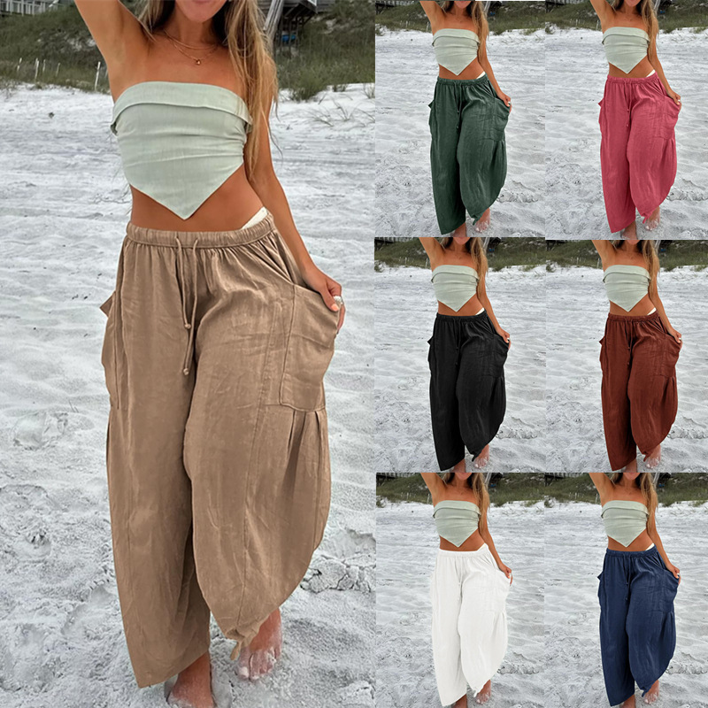 2025 Cross-border Spring and Summer Amazon European and American elastic waist pleated mid-rise straight-leg pants cotton and linen cropped pants are fashionable and casual