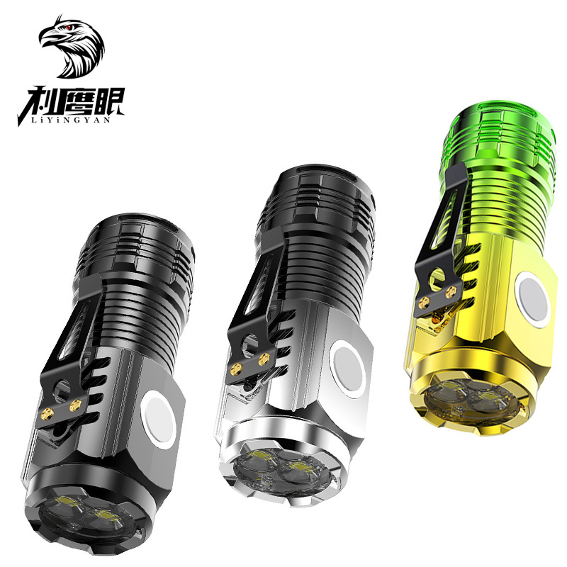 Cross-border new three-eye small monster flashlight strong light super bright mini flash strong magnetic abs with pen clip small flashlight