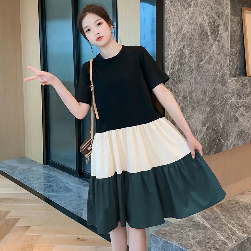 Korean-style T-shirt Dress Stitching Contrast Color Loose Large Size Fashionable Western Style Mid-length Over-the-Knee Dress for Female Students for Summer