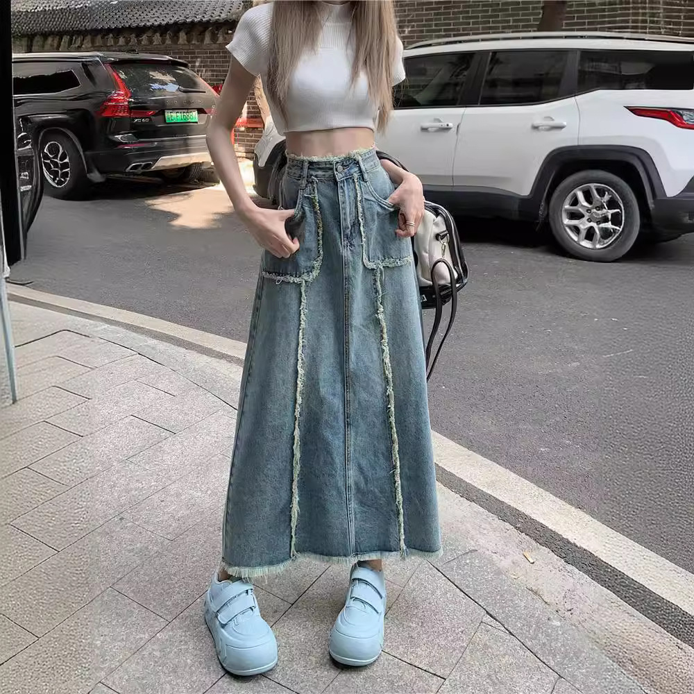 American Style Retro Stitching Denim Skirt Women's Summer chubby girl plus size Mid-length Trendy Hip A- line Dress