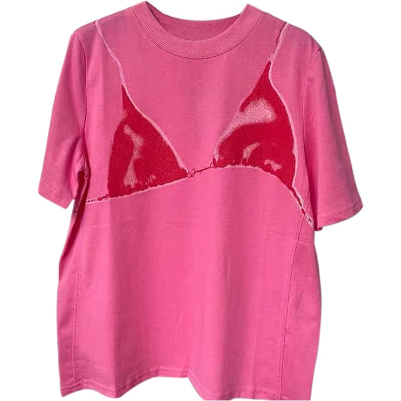 Popular Pure Cotton Round Neck Short-Sleeved Bikini Printed T-Shirt Niche Design Loose Top Drop Shipping