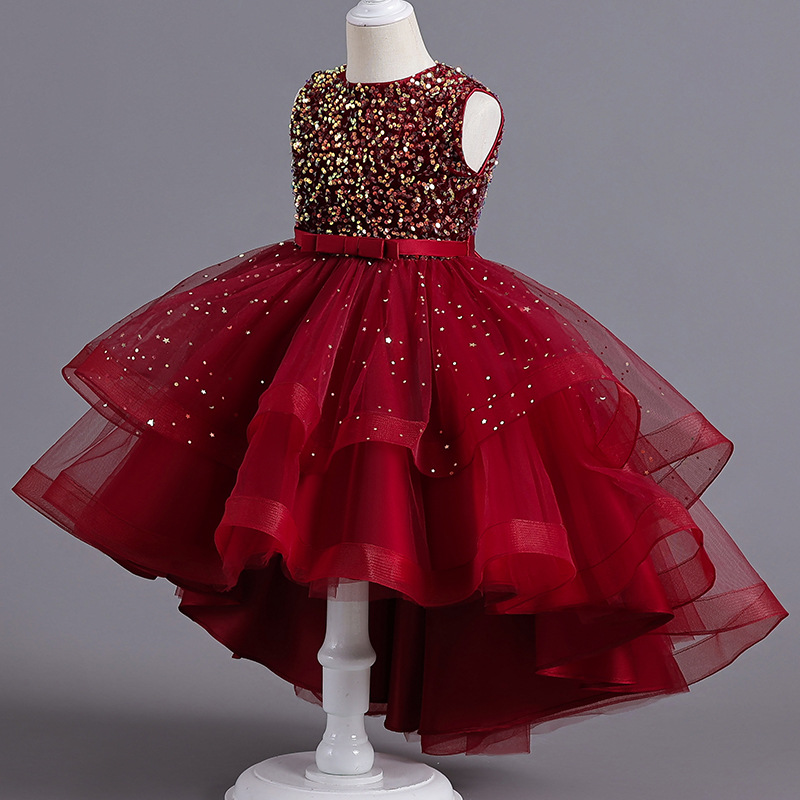Picture of Girls Princess Dress Sleeveless Tail Dress Flower Girl Wedding Dress Tutu Skirt Kidsren Catwalk Piano Performance Evening Dress
