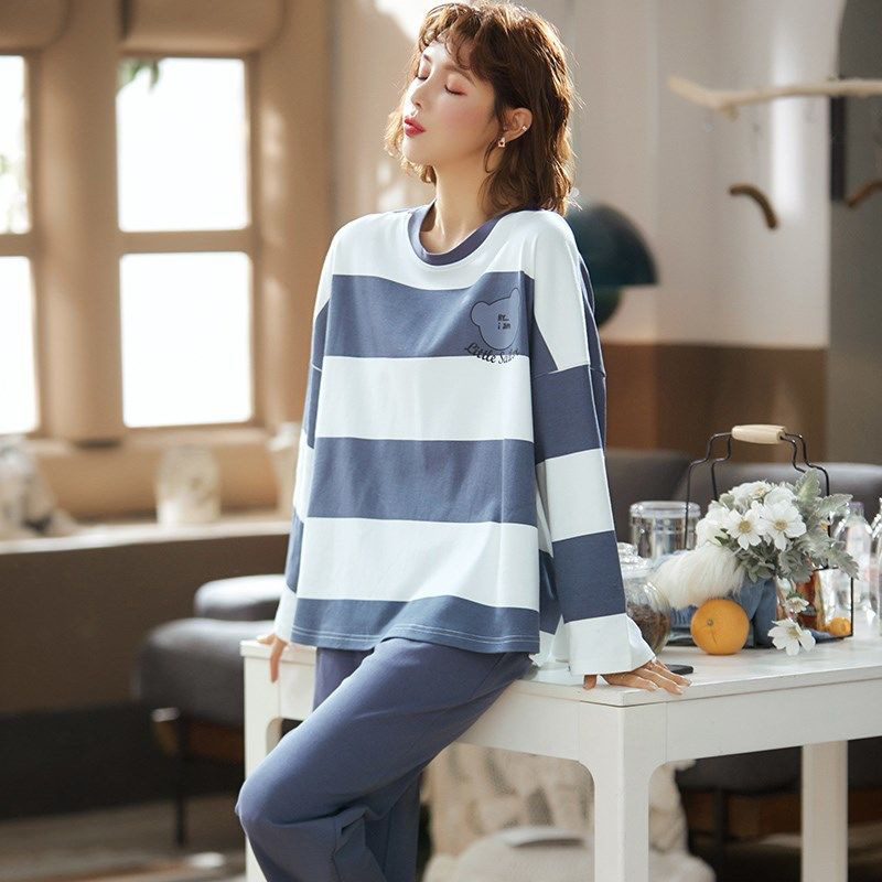 Cross-Border Wholesale Amazon Korean Style Pajamas Women's Round Neck Casual Loose Style Long-Sleeved Trousers Home Wear Two-Piece Suit