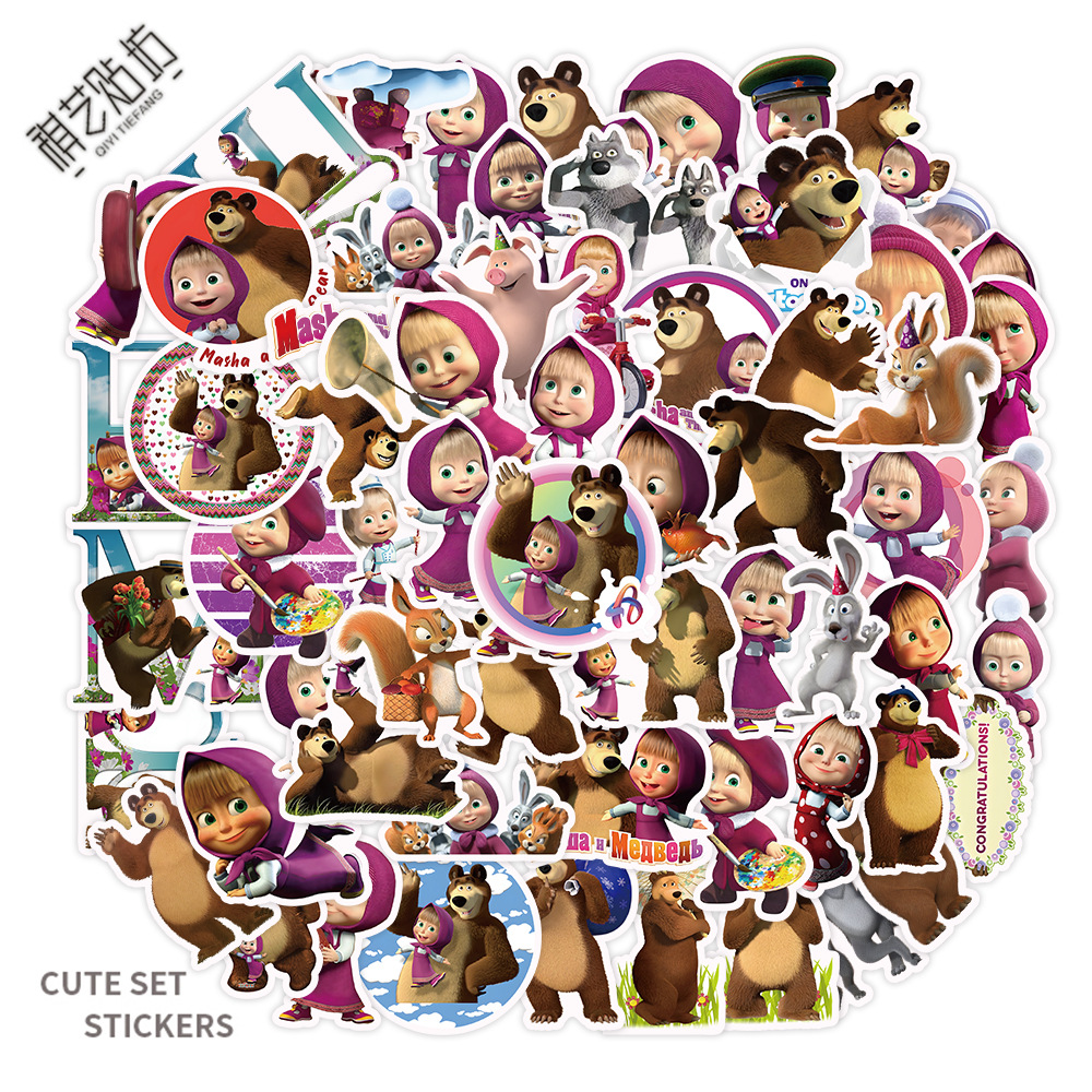 50 New cute cartoon children's stickers Martha and bear decorative luggage guitar vacuum cup waterproof stickers
