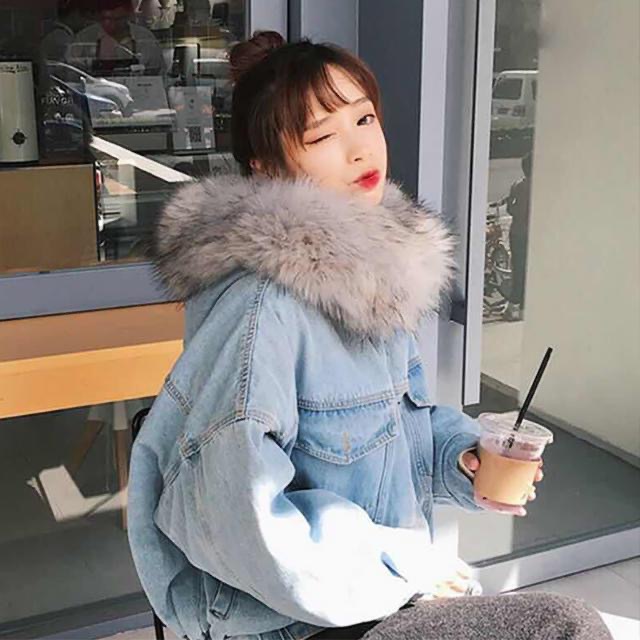 Picture of 2025 Autumn and Winter New Denim Jacket Women's Korean Style Loose Female Student Plus Velvet Thickened Large Fur Collar Hooded Jacket Women