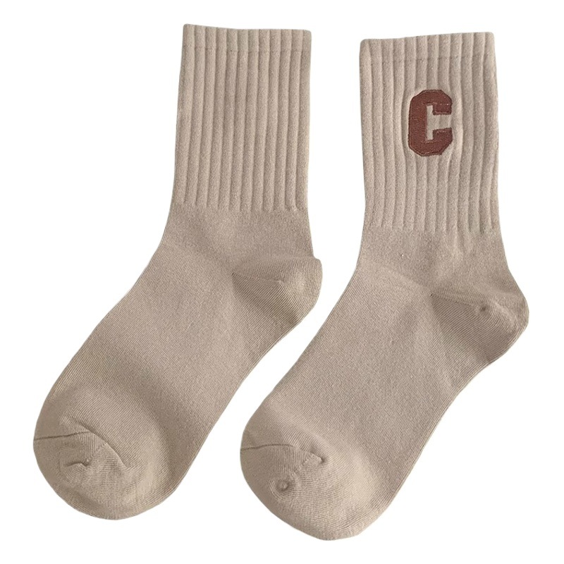Curry color sports socks for children with shark pants solid color Korean embroidery letter C autumn and winter stocking college fashion