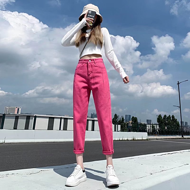 Niche Design Sense Rose Red Jeans Women's Autumn and Winter Spice Girls Loose Slimming Fashionable High Waist Nine-point Harem Trendy Pants