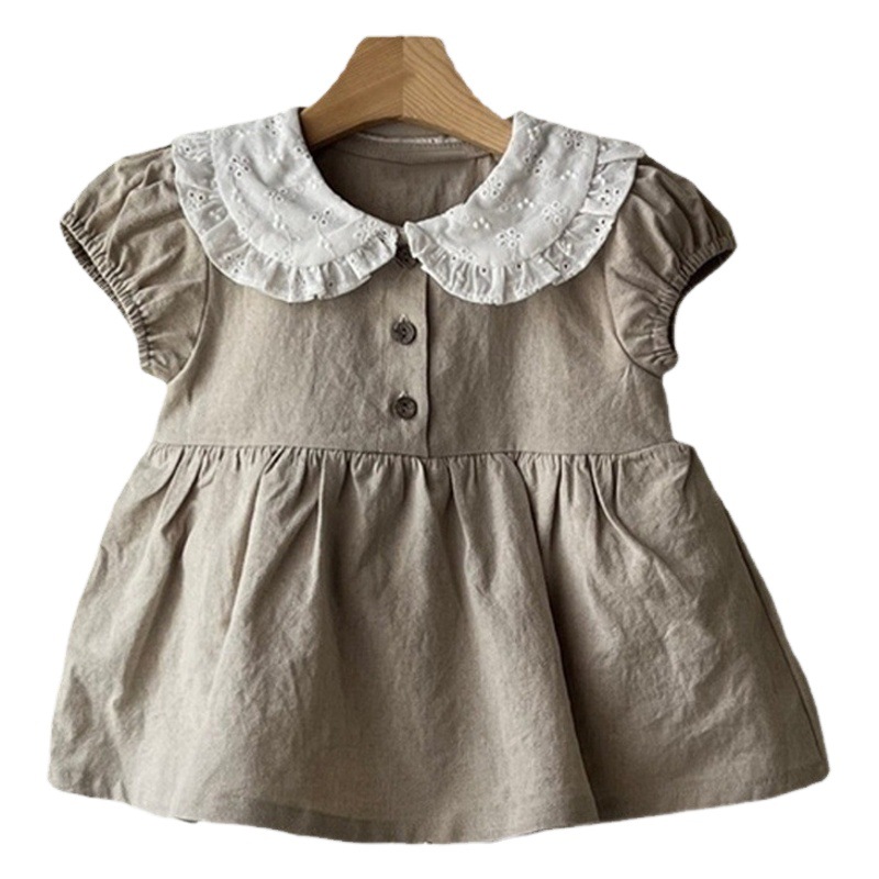 Picture of Ins Kidsren's New Summer Dress Baby Girl Korean Style Cute and Sweet Color-Blocked Collar Puff Sleeves Baggy Culottes