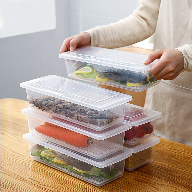 Refrigerator Preservation Box Transparent Rectangular Cabinet Grain Storage Plastic Box Freezable with Drain Layer