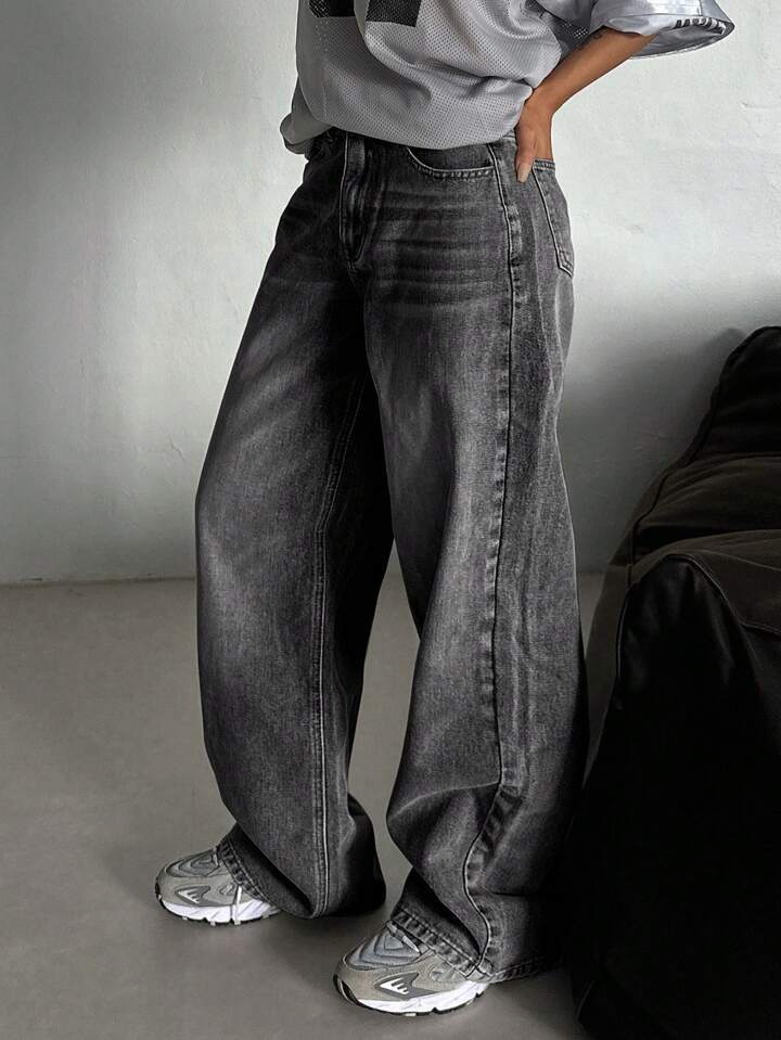 Black Grey Old Wide Leg Jeans Women's Autumn New Design High Waist Slimming Washed Trousers