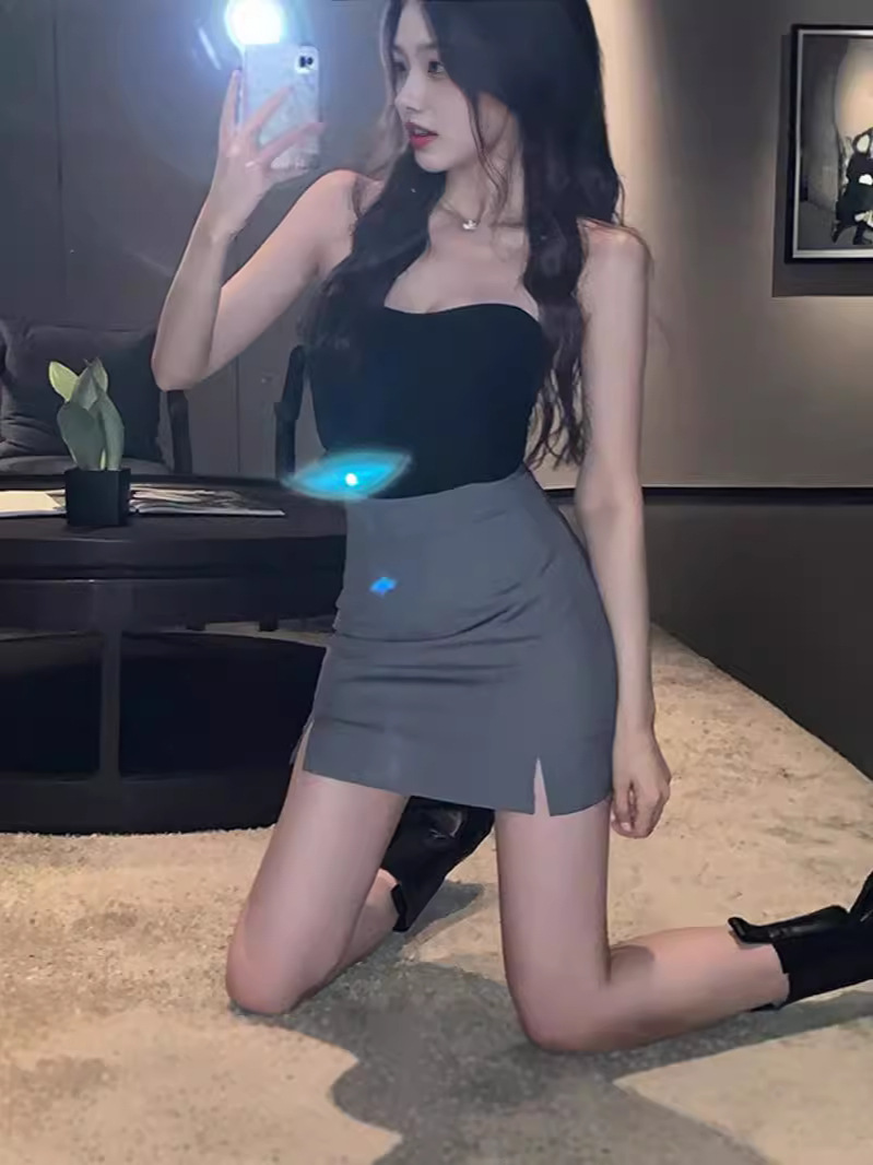 Summer New Style Skirt Women's Little Black Skirt Small Style High Waist Slimming A- line Split Short Skirt for Chubby Girl M