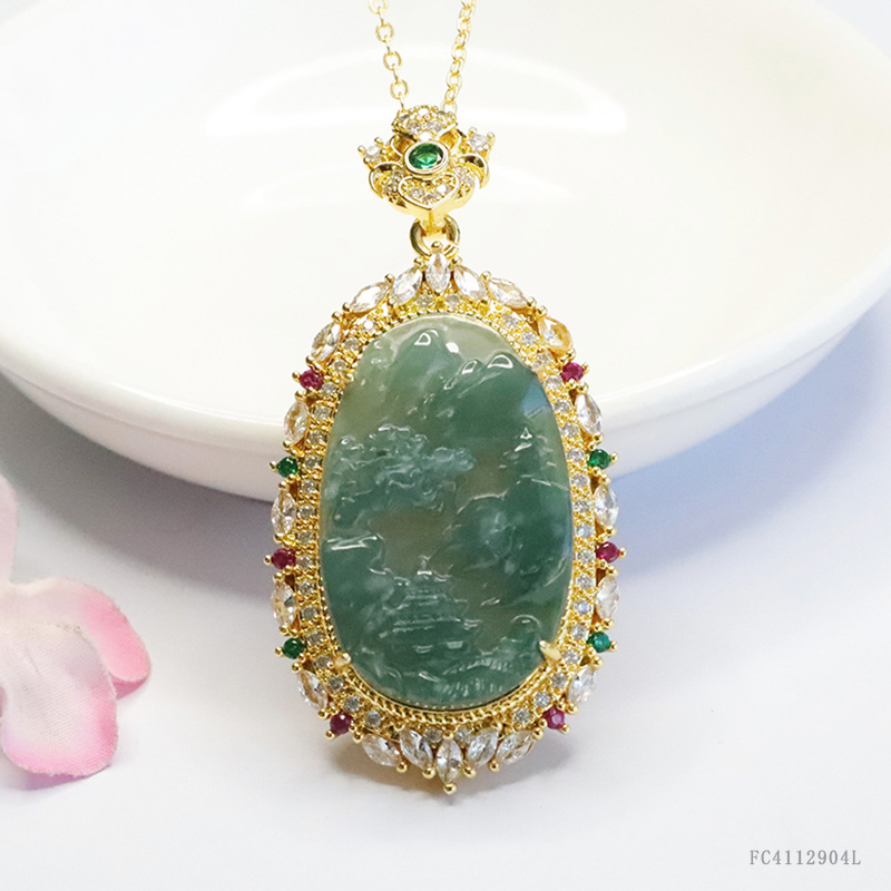 Xinyu Natural A Jade Blue Water Landscape Brand Inlaid Pendant Necklace Jewelry Live Fast Hand FC4112904L